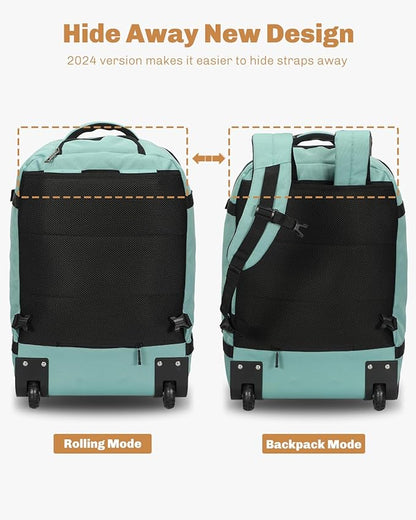 Hynes Eagle Rolling Backpack 42L Backpack with Wheels Airline Approved Carry on Luggage Laptop Travel Backpack for Women Men Mint Green