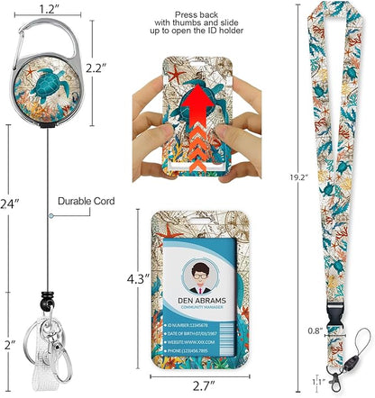 Lanyards for Id Badges, Badge Holder with Retractable Reel Clip, Sea Turtle Cute Card Name Tag Lanyard Vertical ID Card Protector Case for Women Nurse Nursing Doctor Teacher Student Kids