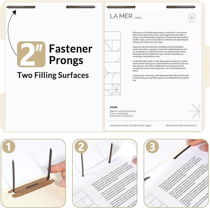 SUNEE File Folders with Fasteners, Manila Folders Letter Size, 2 Reinforced Fasteners, 1/3-Cut Tab, Manila, 50 Pack, Keep Organized for Your Office Documents School Files