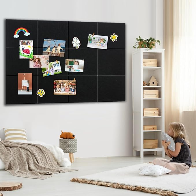 Black Cork Board 48" x 36" - 12 Pack Felt Wall Tiles with Safe Removable Adhesive Tabs - Large Cork Board for Office & Home & School Walls Decor - Black