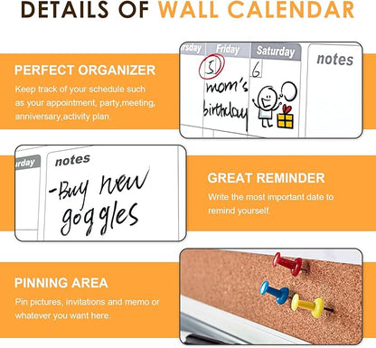 MAKELLO Dry Erase Calendar for Wall 36x24 in, Large Calendar Whiteboard with Cork Board for Office, Home, School, Family, Kitchen and Bedroom, 3' x 2'