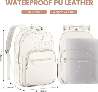 LOVEVOOK Leather Backpack for Women,15.6 inch Leather Laptop Backpack Women Computer Backpack Laptop Bag,Stylish Quilted Travel Backpack Purse Work Bag College Teacher Backpack with USB Port,Off-white