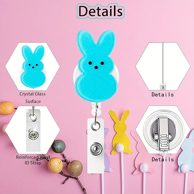 Cute Badge Holder Easter Badge Reel Blue Retractable Badge Reel Funny Bunny Nursing Alligator Clip Rabbit ID Name Badge Holder for Office Doctor Student Party Supplies Gift