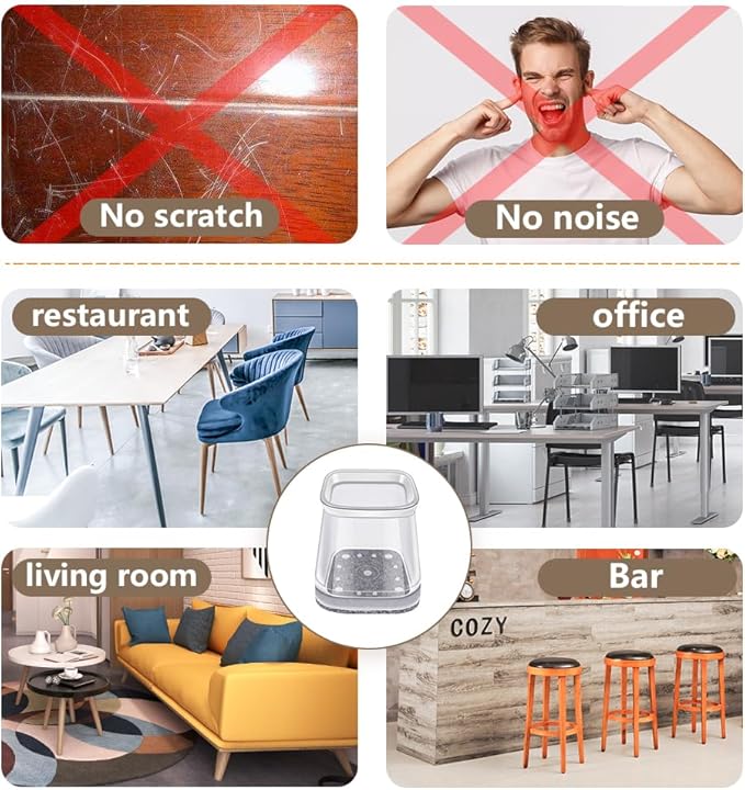 BUMACO Chair Leg Floor Protectors Square Chair Leg Protectors for Hardwood Floors Silicone Pads Covers to Protect Floors(Clear-40 Pcs, Square XS (1/2"~ 3/4")