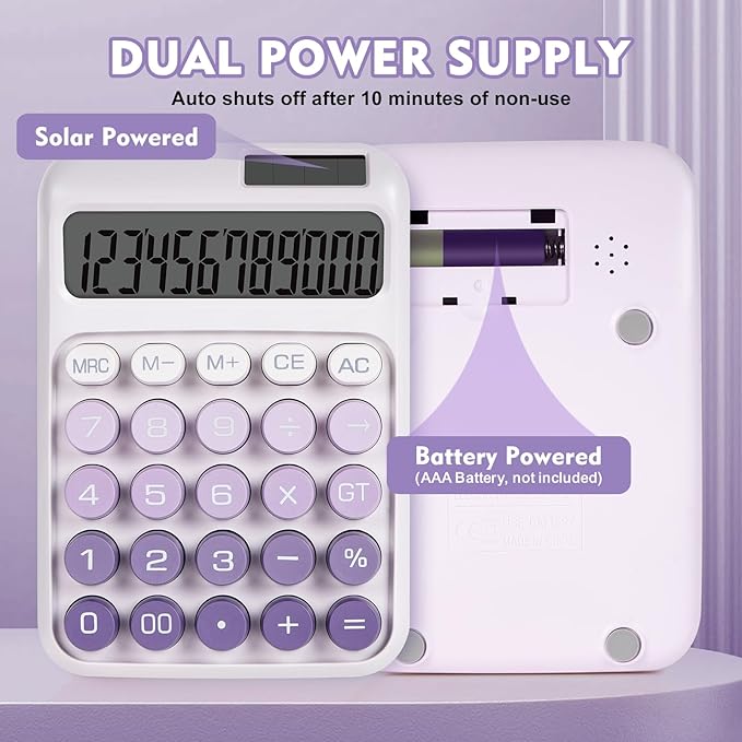 Mechanical Switch Calculator with Big Buttons, Calculators Desktop, 12 Digits, Solar Battery Power, Desk Calculator, Large LCD Display,Cute Purple Calculator for Teachers Students Basic Office