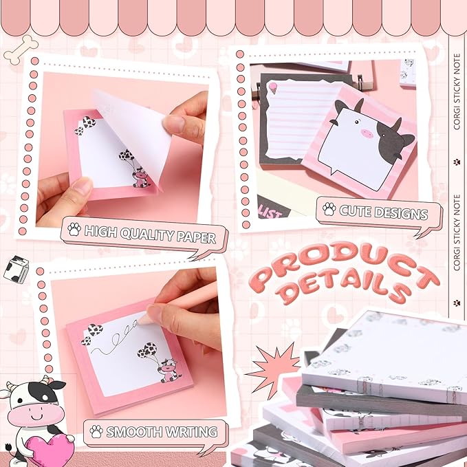 9 Pads Cute Sticky Notes Cartoon Animal Self Stick Notepads 3x3 Inches Notes Adhesive Memo Pad Office Decor Gifts for Students School Office Meeting(Cow)