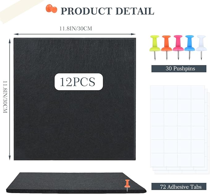 Bulletin Board 48 x 36, Black Cork Board Alternative for Office, 12 Count Felt Wall Tiles with Removable Adhesive Tabs, Square Pin Board Tack Board with 30 Pushpins(Black)