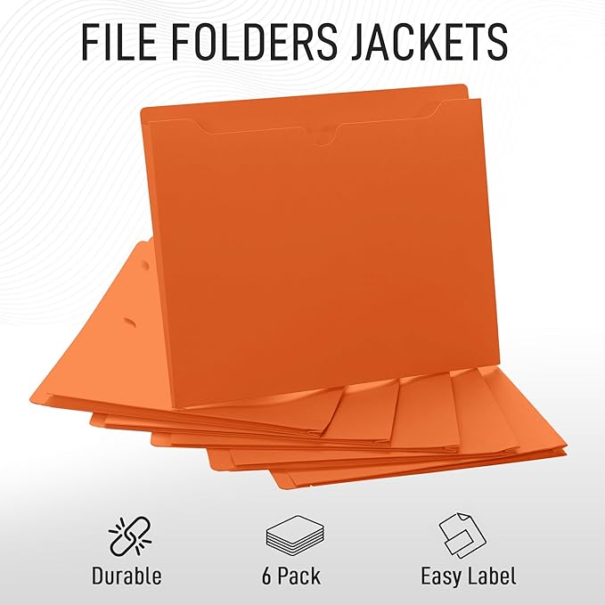Orange File Jackets, 1 Inch Expansion, Letter Size, Reinforced Straight-Cut Tab, 6 Pack