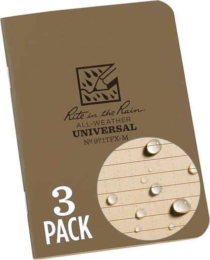Rite in the Rain Weatherproof Mini-Stapled Notebook, 3 1/4" x 4 5/8", Tan Cover, Universal Pattern, 3 Pack (No. 971TFX-M)
