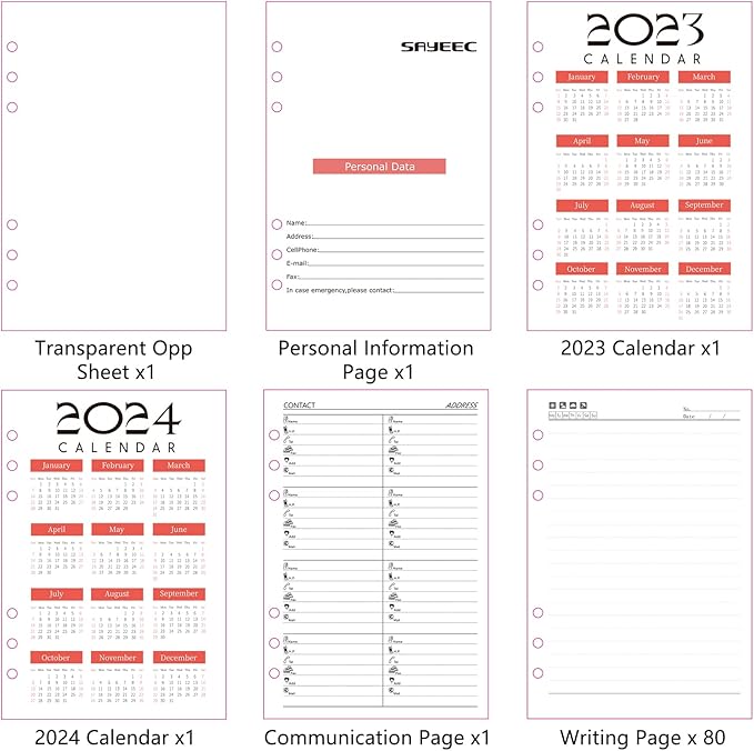 SAYEEC A5 Refill Paper Loose Leaf Lined Paper for A5 Planner Organizer, 80 Sheets 6 Holes Ring Binder Planner for Journals Notebooks Diaries Inserts (3 Pack Refillable Paper)