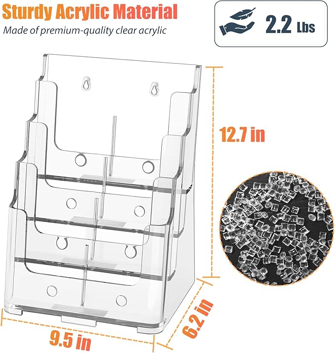 2 Pack Acrylic Brochure Holder 8.5x11 & 4 x9 Inches, Clear 4 Tier Magazine Holder Brochure Display Stand w Removable Divider, Literature Pamphlet Flyer Holder for Wall Mount or Countertop