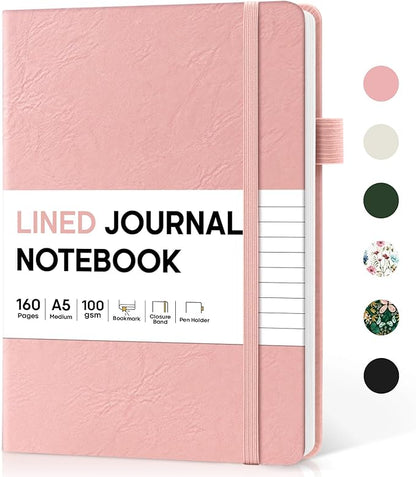 Lined Journal Notebook for Women & Men, Hardcover Leather Journal for writing, A5 College Ruled Notebook for Work & Note Taking, Perfect for Office School Home Supplies, 160 Pages, Pink