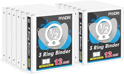 3 Ring Binder 0.5 Inch, PANDRI 12 Pack 0.5-Inch Binder Fits Letter Size 8.5'' x 11'' Paper, Versatile Binders for Office Home School, 2 Pockets, White