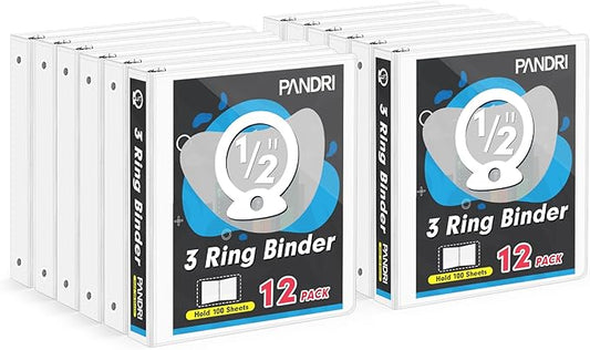 3 Ring Binder 0.5 Inch, PANDRI 12 Pack 0.5-Inch Binder Fits Letter Size 8.5'' x 11'' Paper, Versatile Binders for Office Home School, 2 Pockets, White