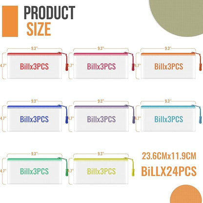 24pcs Mesh Zipper Pouch Bags 9.3 x 4.7 Inches, 8 Color Small Clear Pouches Bulk, Travel Cosmetics Organization, Classroom and Office Supplies
