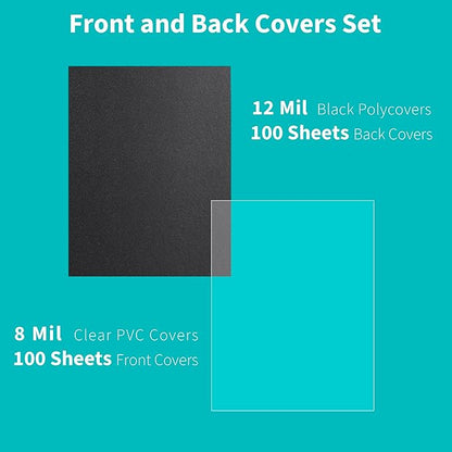 Binditek 200 Pack Binding Covers and Backs Set, 8.5 x 11 Inches, Including 100 Pcs 8 Mil Clear PVC Binding Covers, 100 Pcs 12 Mil Sand-Textured Polycovers, for Letter Size