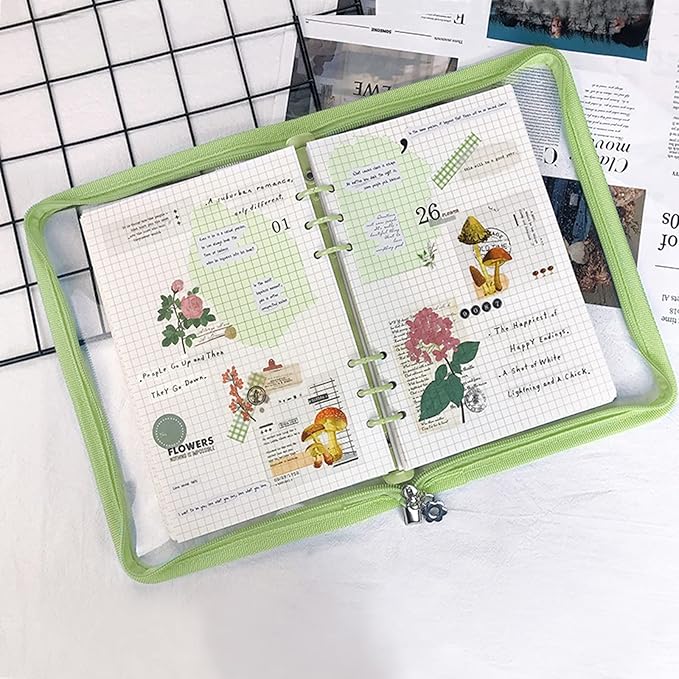 Multibey A5 Binder Cover Clear Soft PVC 6-Ring Binder Budget Evelopes System with Zipper Planner Organizer Refillable Notebook Journal Binder (Grass Green, A5)