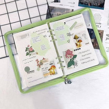 Multibey A5 Binder Cover Clear Soft PVC 6-Ring Binder Budget Evelopes System with Zipper Planner Organizer Refillable Notebook Journal Binder (Grass Green, A5)