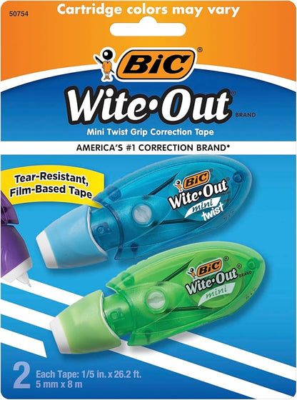 BIC Wite-Out Brand Mini Twist Correction Tape, 26.2 Feet, 2-Count Pack of white Correction Tape, Fast, Clean and Easy to Use Tear-Resistant Tape Office or School Supplies