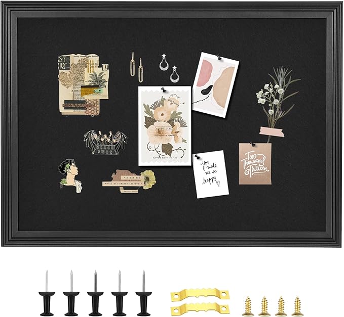 Bulletin Board with Felt, Black Wood Framed Display Bulletin Board for Walls with Pins, Eye Bolts, gaskets, Screws, Pin Board for Office, School and Home(MZB-BK,6090,1P)