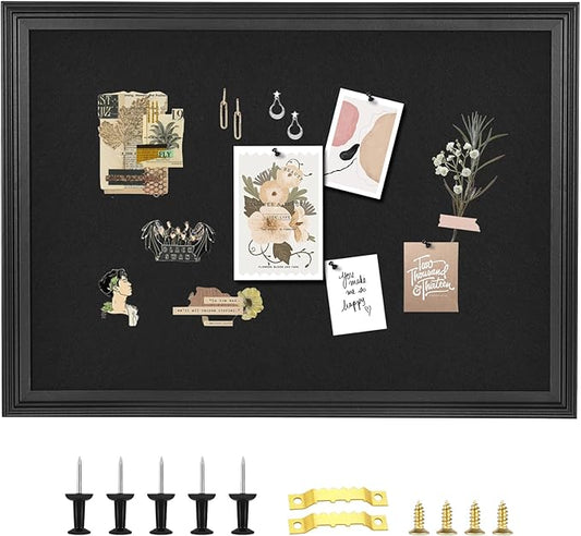Bulletin Board with Felt, Black Wood Framed Display Bulletin Board for Walls with Pins, Eye Bolts, gaskets, Screws, Pin Board for Office, School and Home(MZB-BK,6090,1P)