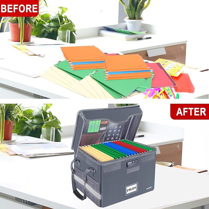 DocSafe File Box Fireproof Document Box with Lock, File Storage Organizer Box with Pockets,Collapsible Portable File Box Home Office File Cabinet with Handle for Hanging Letter/Legal Folder,Gray