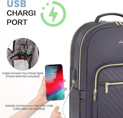 LOVEVOOK Leather Backpack for Women,15.6 inch Leather Laptop Backpack Women Computer Backpack Laptop Bag,Stylish Quilted Travel Backpack Purse Work Bag College Teacher Backpack with USB Port,Purple