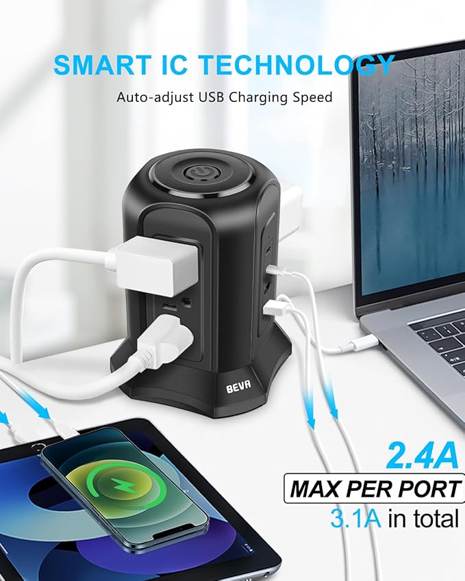 BEVA Tower Surge Protector Power Strip, Desk Charging Station with 9 AC Outlet and 4 USB Ports, 18AWG 6.5 FT Extension Cord, 3-Prong Flat Plug, Multiple Outlets for Office Dorm Apartment Essentials