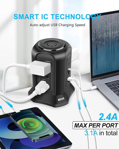 BEVA Tower Surge Protector Power Strip, Desk Charging Station with 9 AC Outlet and 4 USB Ports, 18AWG 6.5 FT Extension Cord, 3-Prong Flat Plug, Multiple Outlets for Office Dorm Apartment Essentials