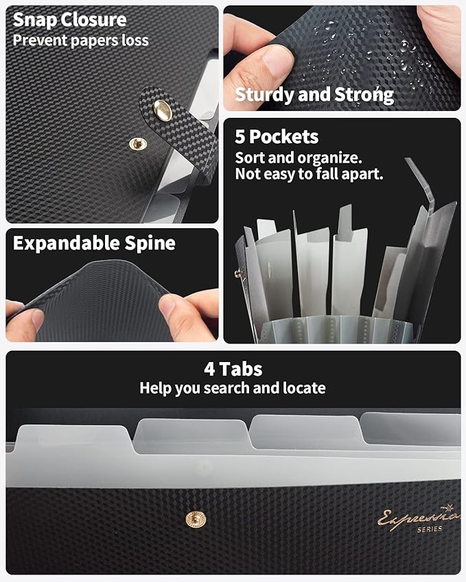 Sooez Expanding File Folder, Letter Size Accordion File Organizer, 5 Pocket Folders for Documents, Cute Folder with Labels, Portable Paper Organizer for School Office Supplies, A4 Size, Peach