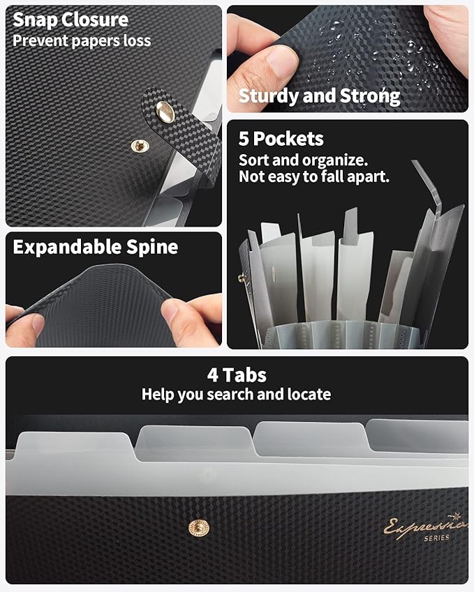 Sooez Expanding File Folder, Letter Size Accordion File Organizer, 5 Pocket Folders for Documents, Cute Folder with Labels, Portable Paper Organizer for School Office Supplies, A4 Size, Purple