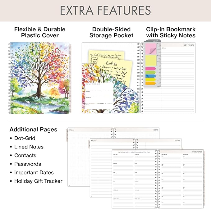 Essential PRO 2025 Daily, Weekly & Monthly Planner, 8.5"x11": 14 Months (Nov 2024 - Dec 2025) Monthly Tabs,Daily Tracking,Notes Pages,Storage Pocket,Bookmark w Sticky Notes (Tree Seasons)