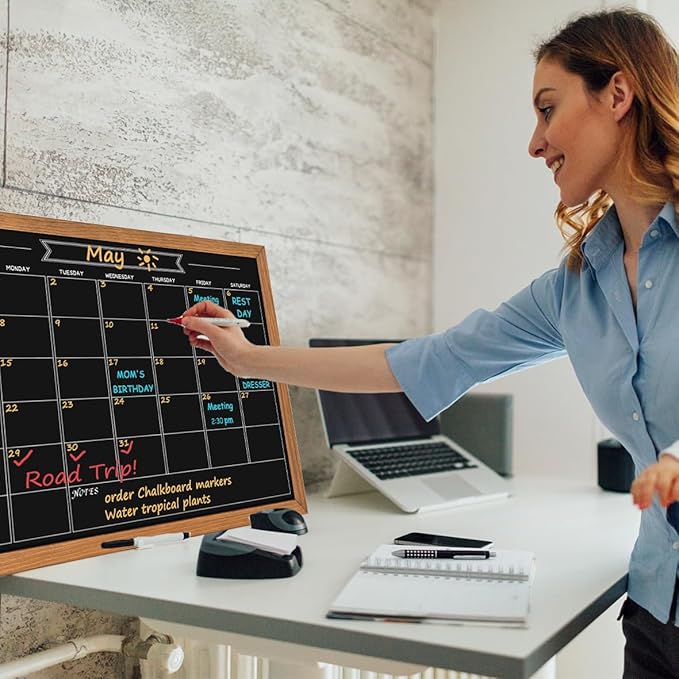 Calendar Chalkboard, 17.7" * 23.6", Magnetic Surface Rustic Brown Solid Pine Wood Frame Chalk Board for Planning/School Timetable/Memo, Hanging Board for Office, School and Home(YLHB-QZ-4560)