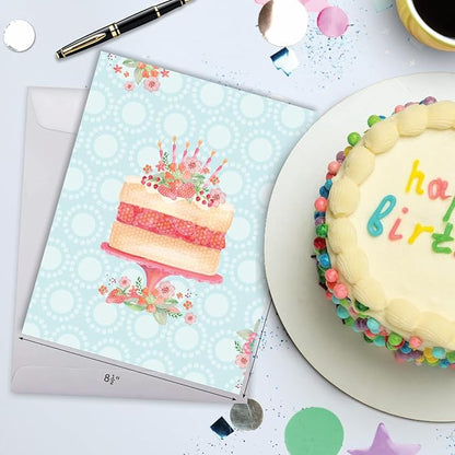 The Best Card Company - 1 Large Birthday Card with Envelope (8.5 x 11 Inch) - Fun Celebration Card for Birthdays - Watercolor Cake J2984BBDG