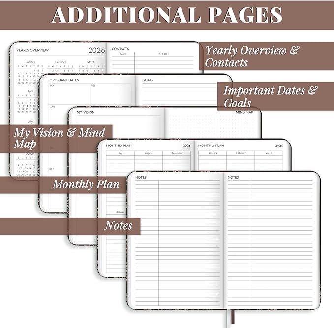 2026 Planner, 12 Month Weekly and Monthly Calendar 2026, Hardcover Daily Agenda Planners from Jan. to Dec, Habit Tracker Journal with Ribbon Bookmark 5.75" x 8.4"(Gold Flower)