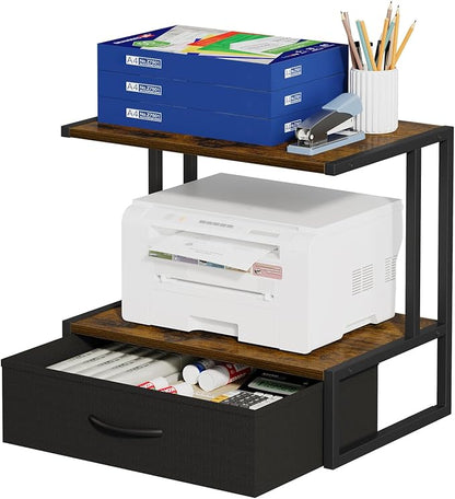 Printer Stand with Storage for Desk, with Fabric Drawer Desktop Printer Stand Shelf Organzier for Home Office, for Above and Under Desk Printer Table, Fax Machine Copier Scanner, Rustic Brown