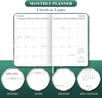 2026 Planner, 12 Month Weekly and Monthly Calendar 2026, Hardcover Daily Agenda Planners from Jan. to Dec, Habit Tracker Journal with Ribbon Bookmark 5.75" x 8.4"(Peacock Green)