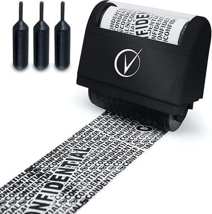 Identity Theft Protection Roller Stamps Wide Kit - Confidential Roller Stamp, Anti Theft, Privacy & Security Stamp, Designed for ID Blackout Security - Classy Black with 3 Refills