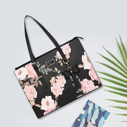 MOSISO Laptop Tote Bag Compatible with MacBook Air 15 inch M2 A2941/Pro 16 inch M3 M2 M1, 15-15.6 inch Notebook, Peony PU Leather Travel Work Briefcase with Detachable Bowknot & Small Purse, Black