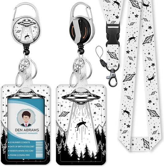 Lanyards for Id Badges, Badge Holder with Retractable Badge Reel Clip, Art UFO Night Work Card Name Tag Keychain Lanyard Vertical ID Card Protector for Women Nurse Doctor Teacher Student