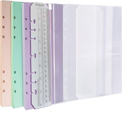 Chris.W A5 Refills Paper, 3 Pack 40 Sheets A5 Colorful Grid Binder Paper, 3 Pcs Binder Pockets, 1 Page Marker - 6 Hole Notebook Inserts for 6 Ring Refillable A5 Binder Notebook Planner