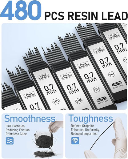 Four Candies Mechanical Graphite Pencil Set, 3pcs Black Metal Pencils with Anti-Skid Grip, Ideal for Artists, Professionals, Teachers and Students