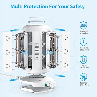 15 ft Long Extension Cord Power Strip Tower,AOFO Surge Protector 12 AC Outlets 4 USB(1 USB C) Ports, Charging Tower Overload Protection with Multiple Outlets for Home Dorm Office