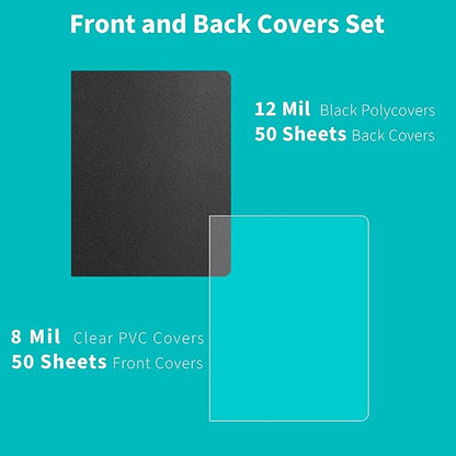 Binditek 100 Pack Binding Covers and Backs Set, Oversize, Including 50 Pcs 8 Mil Clear PVC Binding Covers, 50 Pcs 12 Mil Sand-Textured Polycovers, 8.75 x 11.25 Inches