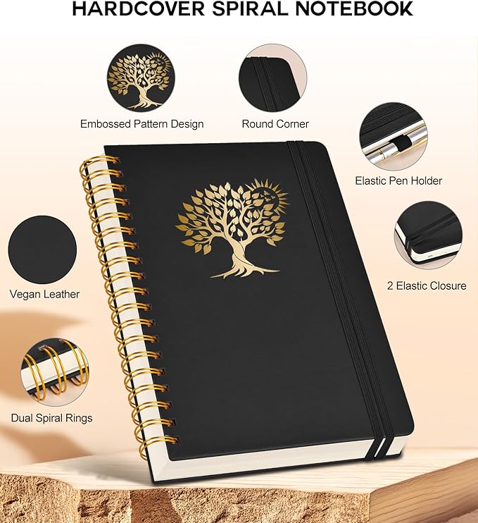 Spiral Notebook Journal for Women Men, 300 Numbered Lined Pages, College Ruled, A5 Hardcover Spiral Bound Notebook for School, Work, Note Taking Writing, Leather Spiral Journal Medium 5.9"x8.5"
