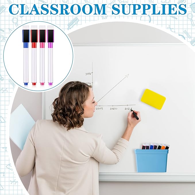 Boao Whiteboard Dry Magnetic Plastic Holder, 8 Pieces Colorful Magnetic Markers with Eraser Cap, Whiteboard Eraser for School Office Home 100th Day of School, 10 Pieces Totally(Simple)