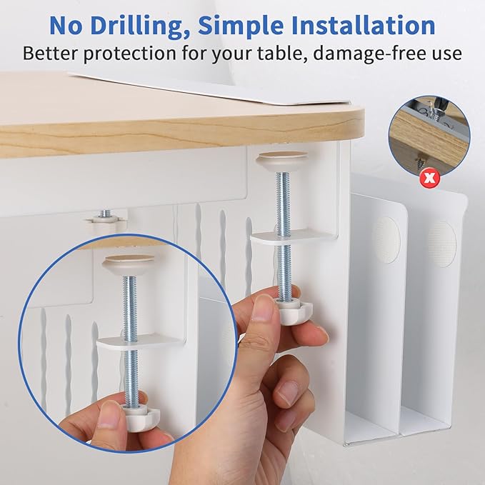 LUKETURE Desk Side Storage, 2 Tier Steel Hanging Organizer, No Drill Side Desk Organizer, Laptop Holder, with Pen Holder, Hanging Table Storage for Office and Home