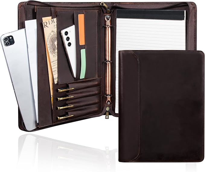 AZXCG Premium Leather Padfolio Binder for Men & Women - A4 Letter Size Notepad & iPad Pro 12.9 Compatibility(2018,2020,2021) Executive Portfolio Folder with Business Card Holder,Darkbrown