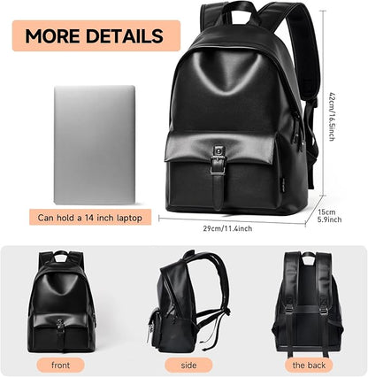 Black Leather Backpack For Men Waterproof Carry On BackPack Large Rucksack Fit 16-inch Laptop Hiking Daypack Travel Sport College Backpack
