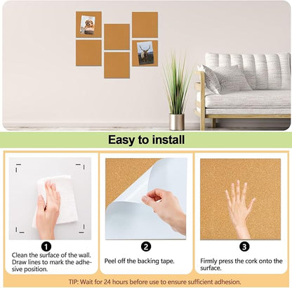 6 Packs Cork Board Tiles 12" x 12", 0.35" Thick Self-Adhesive Cork Boards for Walls with 50 Push Pins, Square Bulletin Boards Cork Tiles for Home Office Decorative